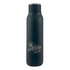 A drink bottle in matte black with a metal loop, featuring a logo and designed for 600ml capacity.