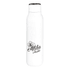 A drink bottle in white featuring a floral design and a logo, with a metal loop and a 600ml capacity.