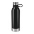 A drink bottle in black stainless steel with a silver base and a looped lid is displayed. It features a logo.
