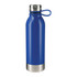A drink bottle with a sleek blue body, stainless steel base, and a looped lid for easy carrying.