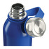 A drink bottle in vibrant blue with a stainless steel lid and handle. Features an inner threaded design and a logo.