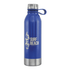 A drink bottle in a vibrant blue finish with a stainless steel base and a logo feature.