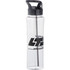 A drink bottle in clear plastic with a black lid and straw, featuring a logo. Capacity is 885ml.