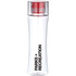 A drink bottle in clear plastic with a red cap and a logo, featuring a sleek, curved design.