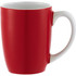A red ceramic coffee mug with a white handle, featuring a smooth finish and a rounded design.