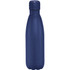 A drink bottle in navy blue, with a sleek design and a logo, featuring vacuum insulation for temperature retention.