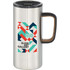 A drink bottle featuring a silver stainless steel body, dark handle, cork accents, and a colourful geometric design.