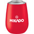 A drink bottle in vibrant red, featuring a transparent lid and a logo. It has a sleek, insulated design.