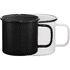 A drinkware set featuring two enamel metal cups, one black and one white, each with a contrasting rim and handle.