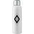 A drink bottle in white with a silver cap and a logo on the body. Ideal for sports and outdoor activities.