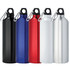 A drink bottle collection featuring black, blue, red, white, and silver aluminium options with a clip-on lid.