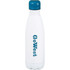 A drink bottle in white with a blue lid, featuring a logo and a sleek design, 500ml capacity.
