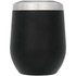 A drink bottle in matte black with a stainless steel rim, featuring a clear lid and a sleek, rounded design.