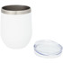 A drink bottle in white with a stainless steel rim, accompanied by a clear lid. Features a logo.