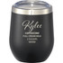 A drink bottle in matte black finish with a stainless steel rim and a clear lid, featuring a logo. 
