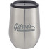 A stainless steel travel mug with a black lid and a logo on the side.