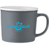 A ceramic mug in grey with a contrasting white interior, featuring a logo on one side.