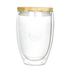 A drink bottle featuring a clear glass body and a bamboo lid, with a logo visible on the surface.