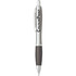 A silver and black plastic pen featuring a branding logo on the barrel.