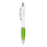 A ballpoint pen with a white barrel and a green grip, featuring a silver clip and branding.