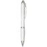 A white ballpoint pen with a clear barrel and silver accents, featuring a logo.