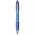 A blue ballpoint pen with a clear barrel and silver accents, featuring a logo.