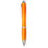 An orange ballpoint pen with silver accents and a branding logo.