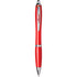 A red ballpoint pen with silver accents and a transparent barrel, featuring a logo.