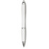 A white ballpoint pen with silver accents and a branding logo. Made from recycled PET materials.