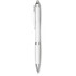 A ballpoint pen in a transparent body with silver accents and a clip. Features a logo on the barrel.