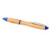 A bamboo ballpoint pen with blue accents and a silver clip, featuring a sleek design.