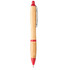 A bamboo ballpoint pen with red accents and a metallic clip, featuring a logo.