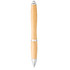 A bamboo ballpoint pen with a sleek design, featuring silver accents and a smooth writing tip.
