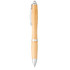 A bamboo ballpoint pen with a silver metal clip and accents, featuring a natural wood finish.