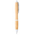 A bamboo ballpoint pen with white accents and a silver clip, featuring a smooth barrel design.