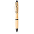 A bamboo ballpoint pen with black accents and a branding logo on the barrel.