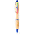 A bamboo ballpoint pen with blue accents and a logo, designed for writing.