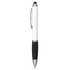 A stylus pen in white and black, featuring a smooth design and a silver clip. Includes a logo.