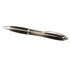 A plastic ballpoint pen with a grey translucent barrel and silver accents, featuring blue ink. It has a logo on its surface.