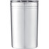 A drink bottle in silver with a clear lid, designed for hot and cold beverages. Features a logo.