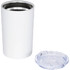 A drink bottle with a white finish and a clear lid, designed for hot or cold beverages. It features a logo.
