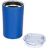 A drink bottle in blue with a stainless steel interior and a clear lid positioned beside it.