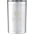 A drink bottle featuring a silver stainless steel design and a clear lid, with branding on the front.