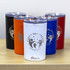 A drink bottle featuring five Sherpa Vacuum Tumblers in black, orange, red, white, and blue, each with a lid and logo.