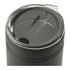 A drink bottle with a sleek black exterior and a clear lid featuring a drinking hole. It has a logo on the side.