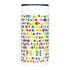 A drink bottle featuring a colourful polka dot design in rainbow colours with a white background and a black lid.