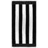 A striped beach towel featuring alternating black and white hues, with a border. It includes branding.