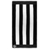 A beach towel featuring alternating black and white vertical stripes, with a logo at the bottom.