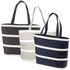 Three insulated cooler bags in black, grey, and navy with white stripes, each featuring dual handles and a logo.