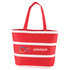 A red insulated cooler bag with white stripes and handles, featuring a logo on the front.